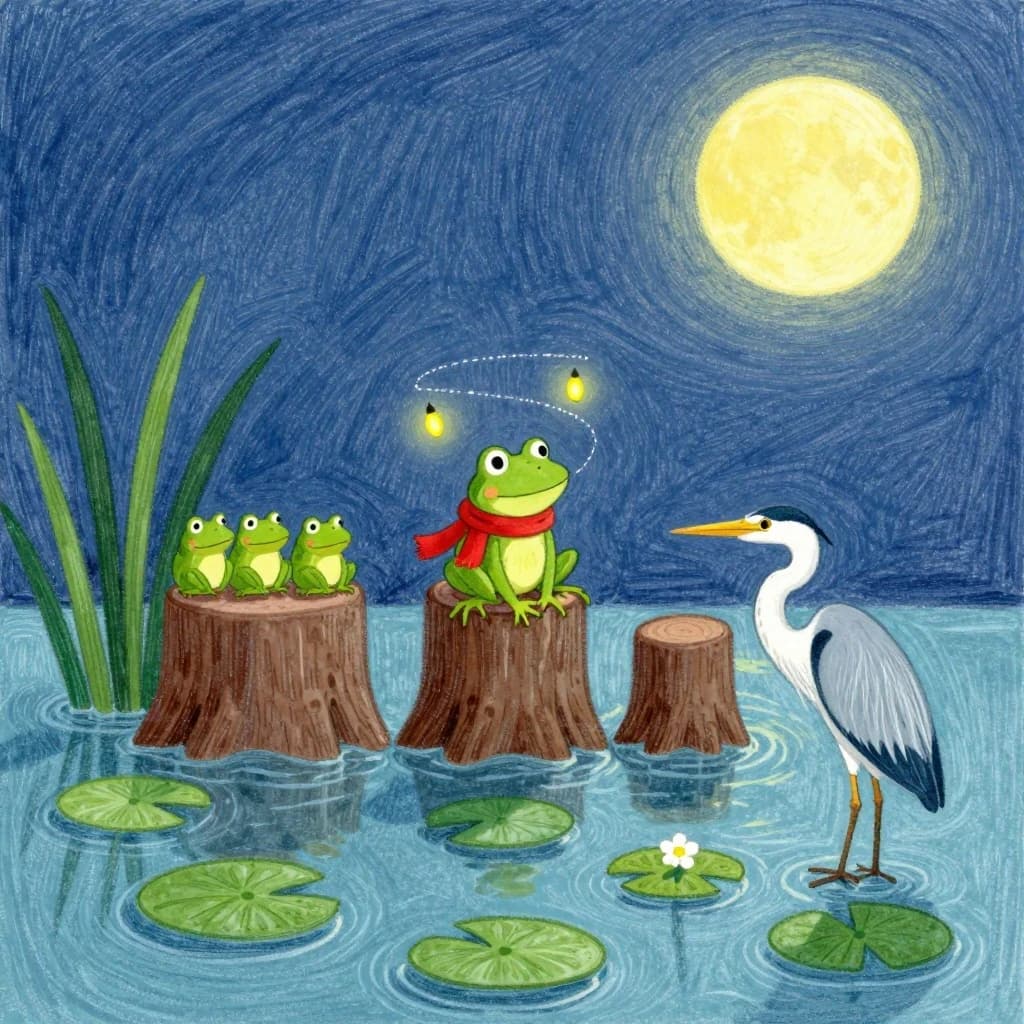 Story card in soft children's book illustration with crayon texture. A moonlit swamp with three cypress stumps in a row across the water. A small green frog in a red scarf sits on the middle stump. Two fireflies circle above his head while four more sit sleeping on the reeds to the left. A heron stands knee deep at the right edge, looking away from the frog. Nine lily pads float across the foreground, only one of them carrying a flower.