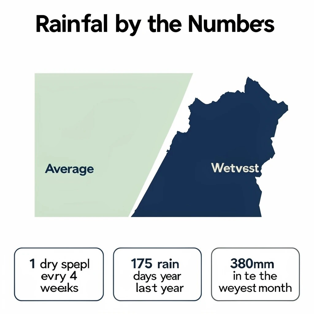 Flat infographic titled "Rainfall by the Numbers": at the center a twelve-month rainfall timeline, carrying two keyed regions, "Average" shaded pale green and "Wettest" shaded dark blue, beside a bottom row of three stat chips reading "1 dry spell every 4 weeks", "175 rain days last year" and "380mm in the wettest month".