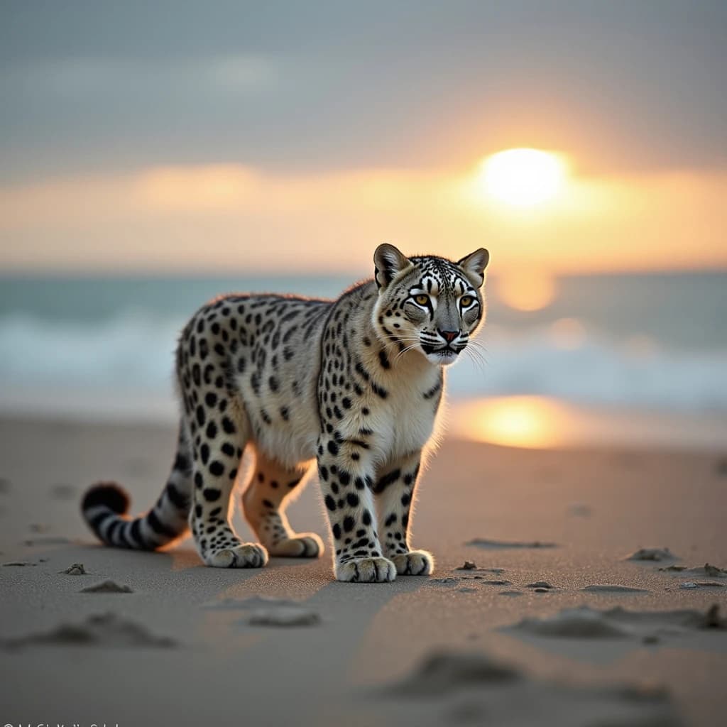 The pause when a snow leopard meets a low band of sun, on a windswept beach, under an overcast sky.