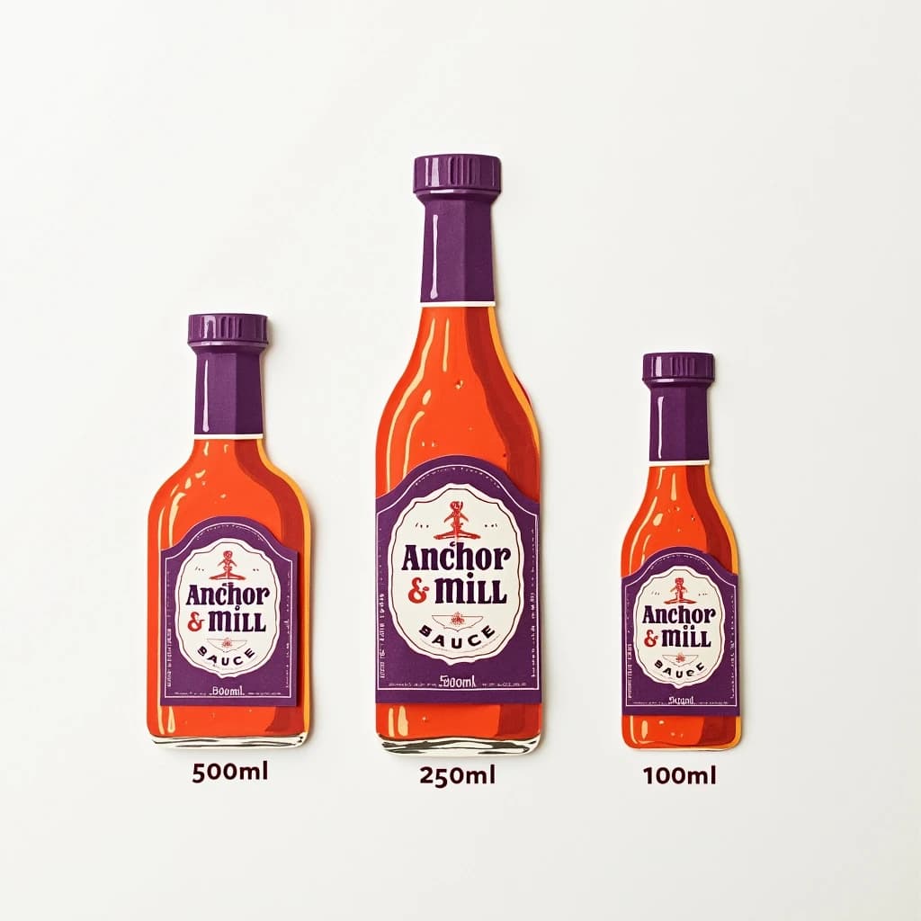 Cut-paper collage of the same hot-sauce bottle drawn in three sizes, captioned "500ml", "250ml" and "100ml", every size carrying the wordmark "Anchor & Mill" with a six-tooth gear mark beside it in the same purple-and-white coloring, only the bottle size changing.
