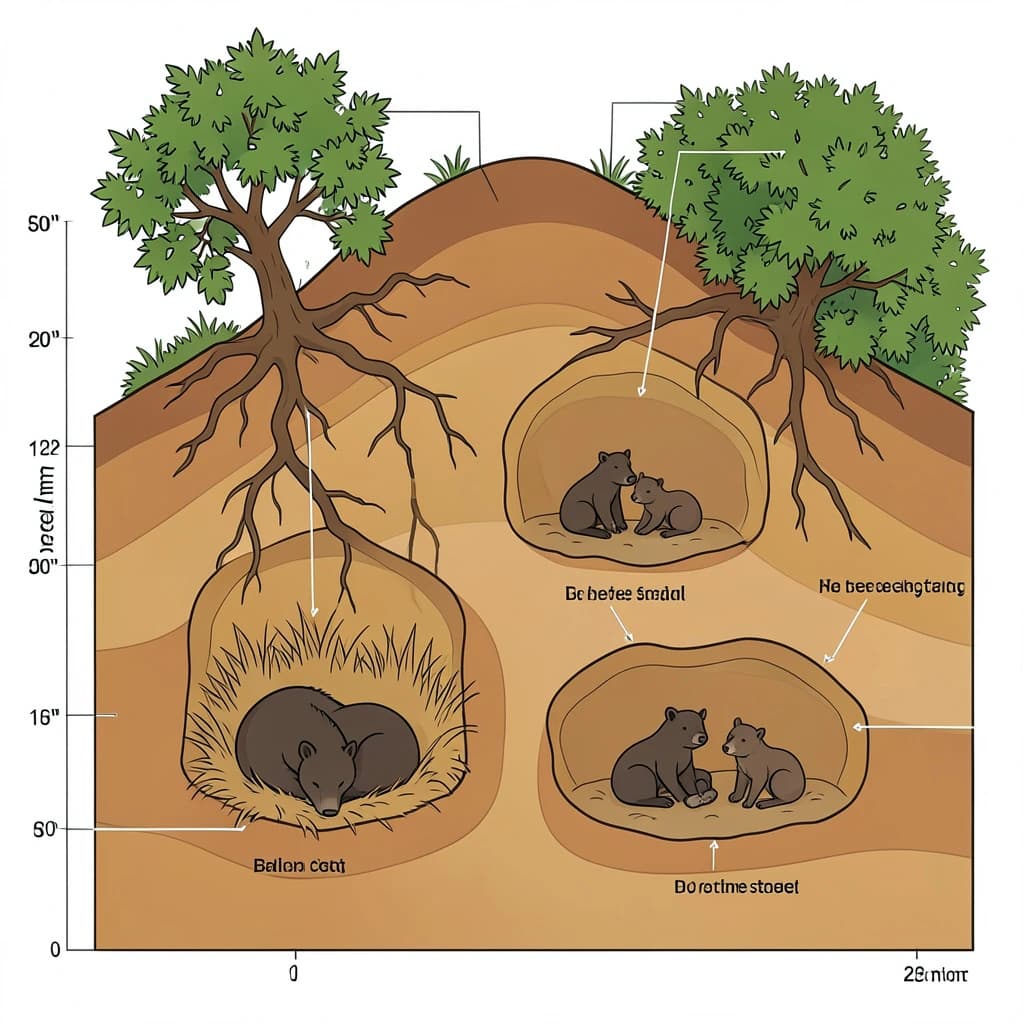 Flat vector cross-section of a badger sett cut through a hillside, soil drawn as layered ochre bands with tree roots threading through. Four chambers at different depths: the deepest lined with dry grass holding two sleeping badgers curled together, one mid level chamber standing empty, one holding three cubs, and a shallow chamber used for bedding storage. Five tunnels connect them, and two entrances break the surface, the left one under a hawthorn and the right one screened by bracken. Labels sit outside the soil profile on hairline leaders, with a depth scale in metres down the left edge.