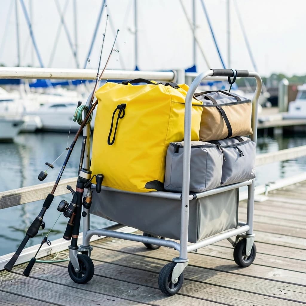 Lifestyle listing photo on a marina dock: a folding dock cart holding three dry bags, the largest yellow and the two smaller ones grey, two fishing rods leaning against the handle, and one coiled dock line hanging from the front rail. Masts blurred behind.
