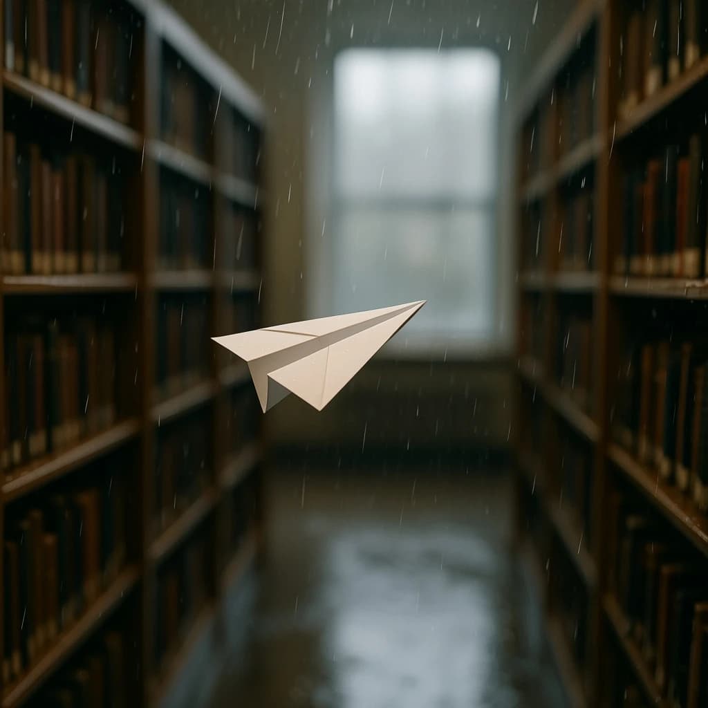 The quiet second when a paper airplane picks up a soft edge highlight, in a quiet library, after a light rain shower.