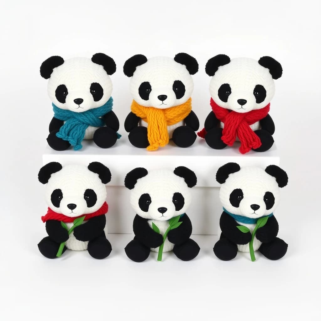 Studio product photography, plain white variant grid: six panda plushes in two rows of three, all seated facing camera. The top row wears knit scarves in red, mustard and teal. The bottom three wear no scarves, each holding a small felt bamboo shoot.
