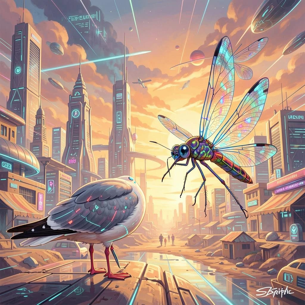Seagull and Odonate in Khartoum, Sudan in the style of futurism