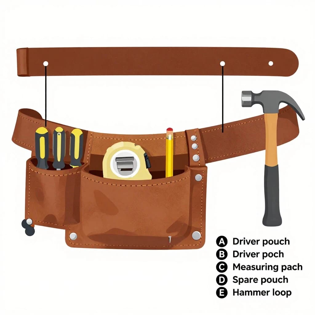Technical flat vector exploded view of a leather tool belt laid out horizontally, pouches lifted off the strap along thin gap lines. Five pouches: the two leftmost each hold three screwdrivers, the centre pouch holds a tape measure and a pencil, the fourth stands empty, and the rightmost carries a hammer loop with the hammer hanging head down. Callout letters A through E point to each pouch, and a parts list in the lower right reads "A Driver pouch", "B Driver pouch", "C Measuring pouch", "D Spare pouch", "E Hammer loop".
