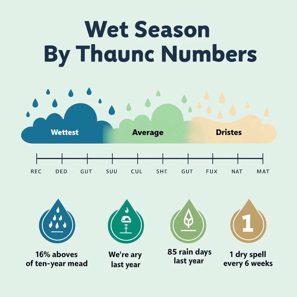 Flat vector illustration titled "Wet Season by the Numbers". A twelve-month rainfall timeline sits at the center, carrying three keyed regions, "Wettest" shaded dark blue, "Average" shaded pale green and "Driest" shaded sand. Three stat chips run down a right column, reading "16% above the ten-year mean", "85 rain days last year" and "1 dry spell every 6 weeks". Each key color matches the shading of the region it names.