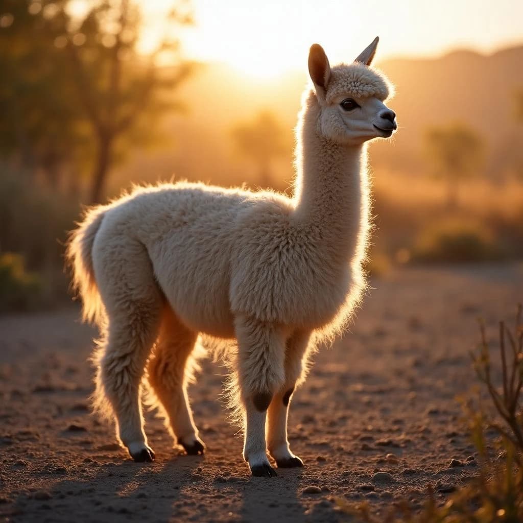 quiet alpaca on cracked earth, backlit