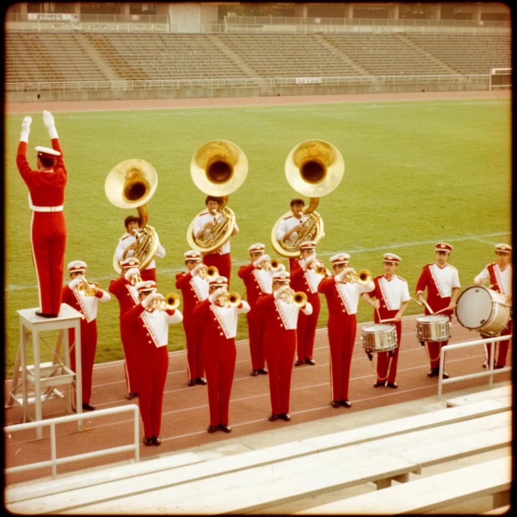 Nineteen seventies Kodachrome-era colour film look, faded warm grain and slight overexposure: a high school marching band seen from a stadium walkway. Front rank of five trumpet players in red and white uniforms, all with horns raised. Behind them three sousaphones in a triangle, the middle player caught mid turn. A line of four drummers to the right, the snare drummer nearest the camera mid stroke. A single drum major stands on a podium at the far left with his back to us, arms up. Empty green field behind them.