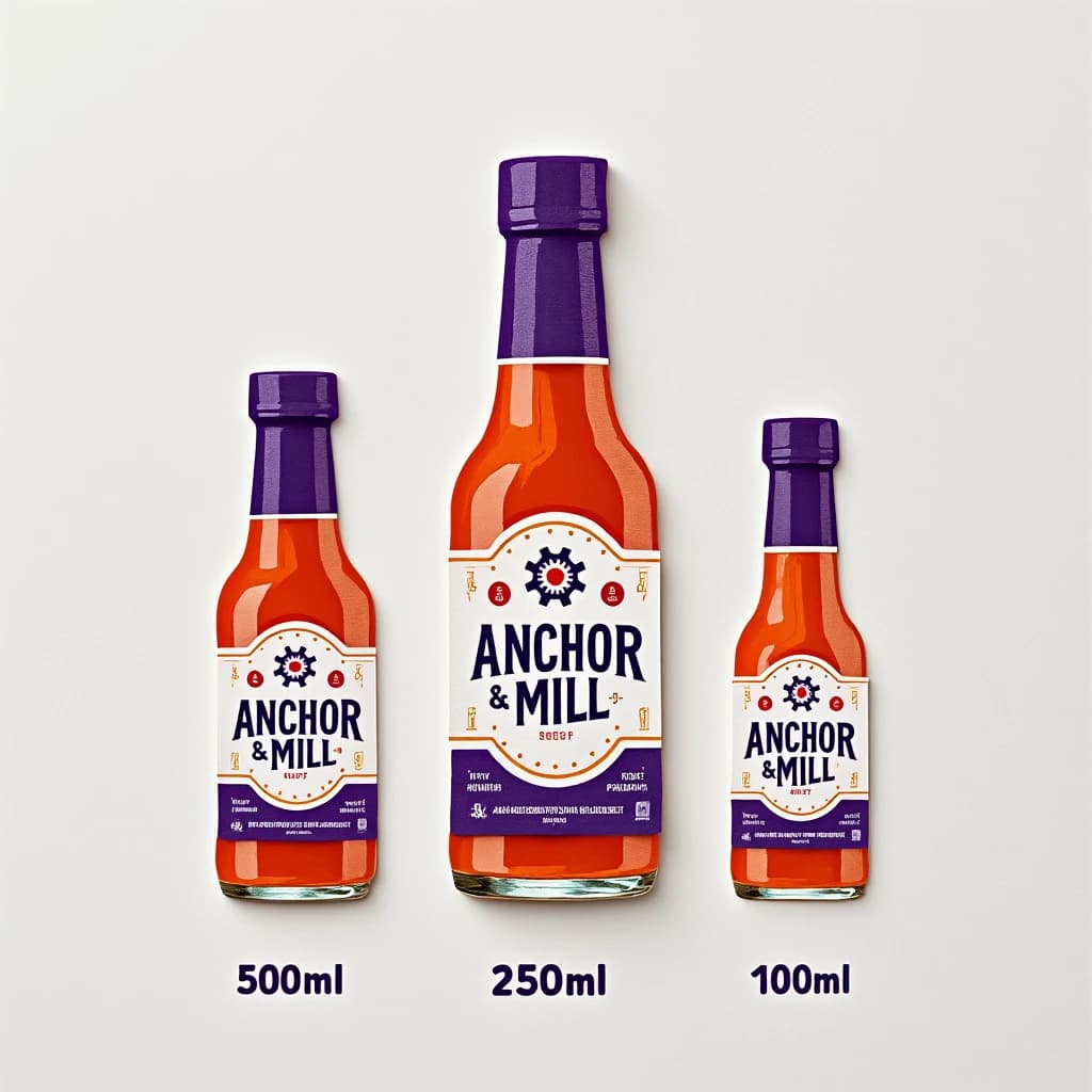 Cut-paper collage of the same hot-sauce bottle drawn in three sizes, captioned "500ml", "250ml" and "100ml", every size carrying the wordmark "Anchor & Mill" with a six-tooth gear mark beside it in the same purple-and-white coloring, only the bottle size changing.