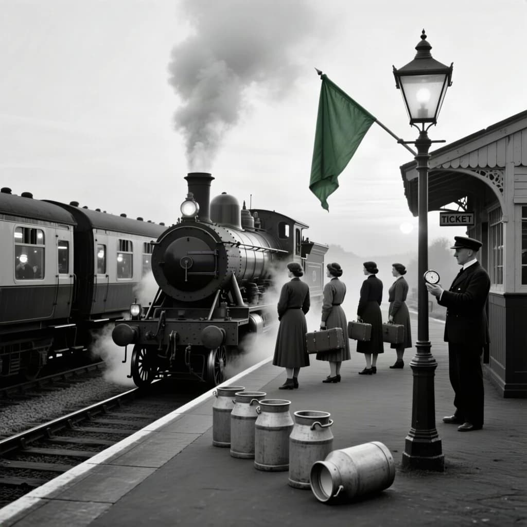 Black and white photography, historical reconstruction of a 1912 branch line halt at dawn. A steam locomotive stands at the platform with steam sheeting from between the driving wheels, three coaches behind it and only the middle coach with its windows lit. Eleven passengers wait on the platform: eight facing the engine, three facing away toward the ticket hut, and only the four women among them carrying luggage. The stationmaster stands under the lamp post with a rolled green flag and a pocket watch open in his palm. Milk churns line the platform edge, five in a row, the last one tipped on its side.