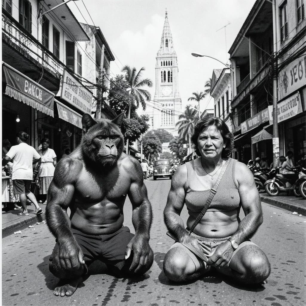 Channel Cat and Megathere in Manila, Philippines in the style of black and white