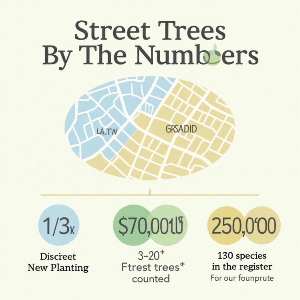 Printed poster titled "Street Trees by the Numbers": at the center a simplified street map with shaded districts, carrying two keyed regions, "New planting" shaded light blue and "Fewest trees" shaded tan, beside a bottom row of three stat chips reading "1 tree per 14 residents", "23,000 street trees counted" and "130 species in the register".