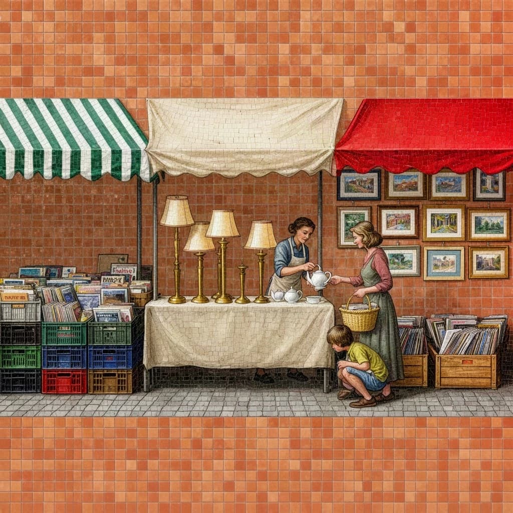 Glass tile mosaic of a Sunday flea market seen from a slightly raised angle, small square tesserae and warm terracotta grout. Three stall awnings in a row: the left one striped green and white over stacked vinyl crates, the middle plain canvas over six brass lamps with only the two tallest wearing shades, the right red awning hung with nine framed pictures in three rows of three. Under the middle awning a vendor in an apron hands a teapot across the table to a woman holding a straw basket, while a boy crouches at her feet by a crate of records. No lettering anywhere.