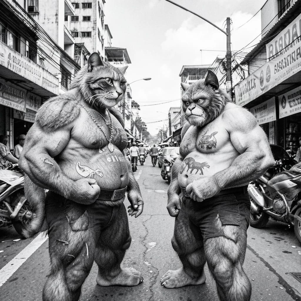 Channel Cat and Megathere in Manila, Philippines in the style of black and white