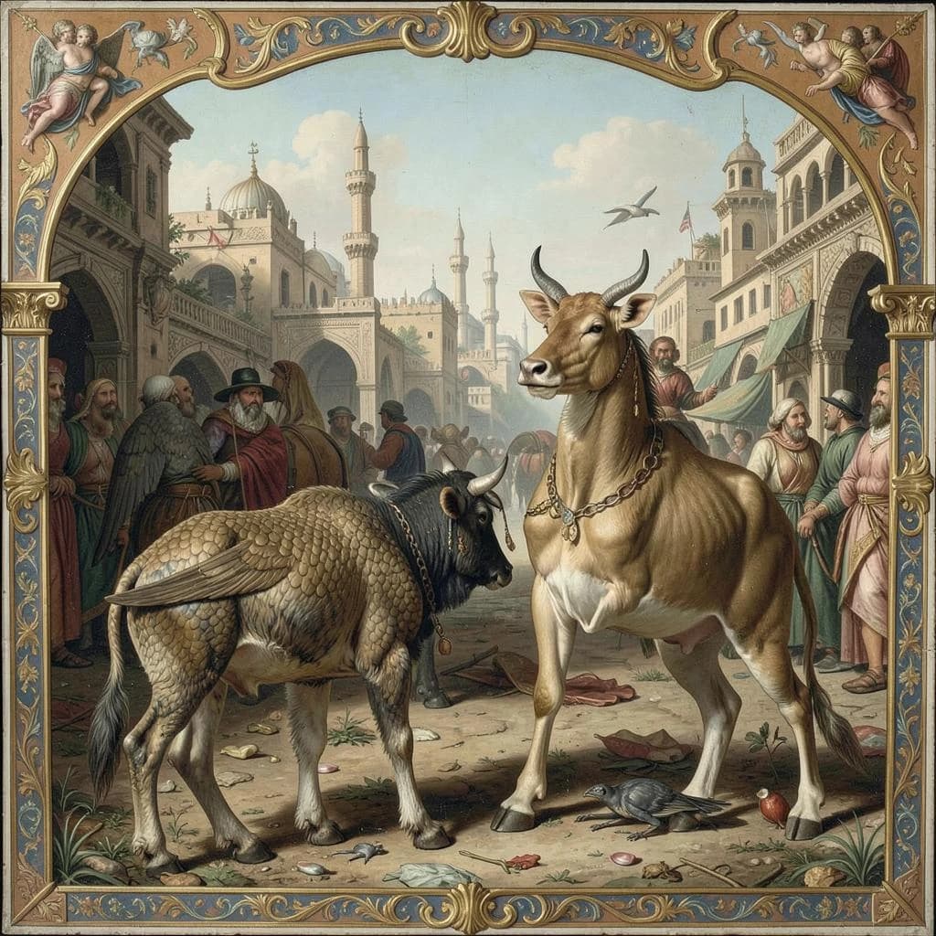 Aerie and Artiodactyl in Baghdad, Iraq in the style of rococo