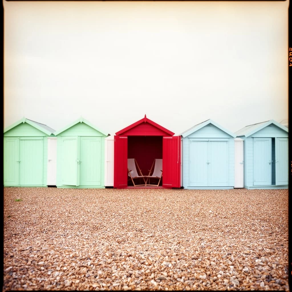 35mm film photo of seven beach huts in a row on a shingle bank. The three left huts are mint green with white doors, the middle one is red with its doors open showing two deckchairs inside, the three right huts are pale blue and shuttered.