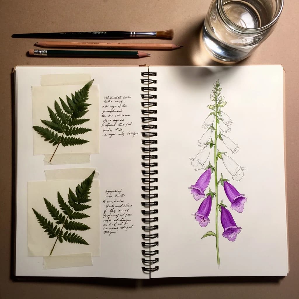 An open spiral notebook shot from directly above, its pages filled with careful botanical illustration in ink and watercolor. On the left page, three pressed fern fronds taped down with handwritten notes beside each one. On the right page, a half-finished study of a foxglove stalk carrying five bells, the bottom two painted purple and the top three still bare outlines. A brush, two pencils and a jar of water sit above the notebook, and the wire spiral throws a shadow into the gutter.