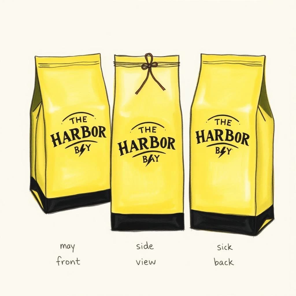 Gouache painting of the same coffee bag drawn in three views, captioned "front", "side" and "back", every view carrying the wordmark "The Harbor Bay" with a lightning-bolt symbol beside it in the same black-and-yellow coloring, only the angle changing.
