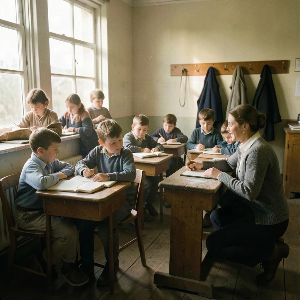 Documentary photograph inside a 1961 rural schoolhouse, late afternoon sun through tall windows. Twelve pupils at six shared wooden desks, two to a desk: the four in the window row copy from slates, the four in the middle row have open exercise books, the four along the back wall are turned around watching. The teacher, a woman in a grey cardigan with chalk dust on her sleeve, kneels beside the desk nearest the door, one hand steadying a boy's pencil. Four wall hooks behind her hold three coats, the middle hook bare. Warm dust in the light, fine grain, nobody posing.