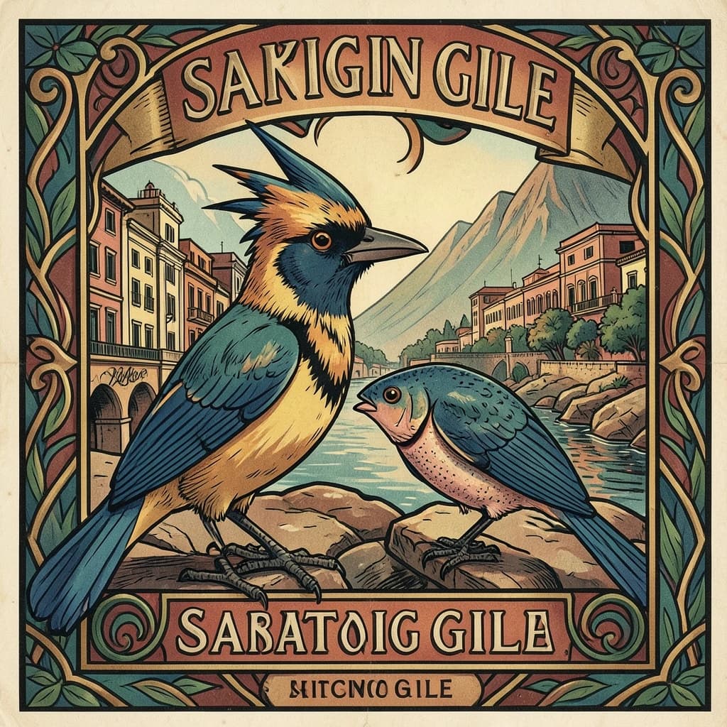 Crested Myna and Gudgeon in Santiago, Chile in the style of art deco