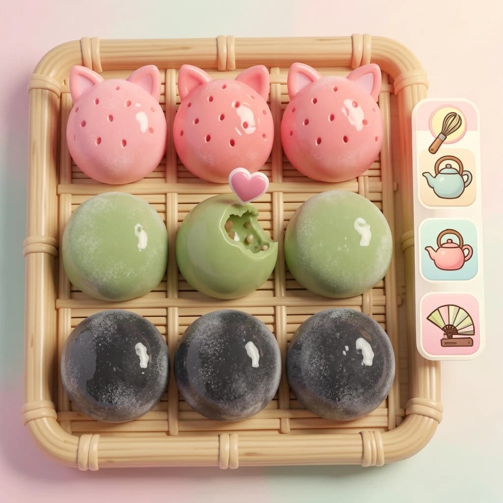 Match three board for a cozy sweets game, cute stylized 3D animation look. Nine mochi in a three by three grid on a bamboo tray: the top row strawberry pink, the middle row matcha green, the bottom row black sesame grey. The center green one has a bite taken out and a small heart icon floating above it. Two of the pink mochi wear tiny cat ears. To the right of the tray, a vertical strip of three power up icons, a whisk, a teapot and a fan. Soft pastel lighting, glossy dusted surfaces.