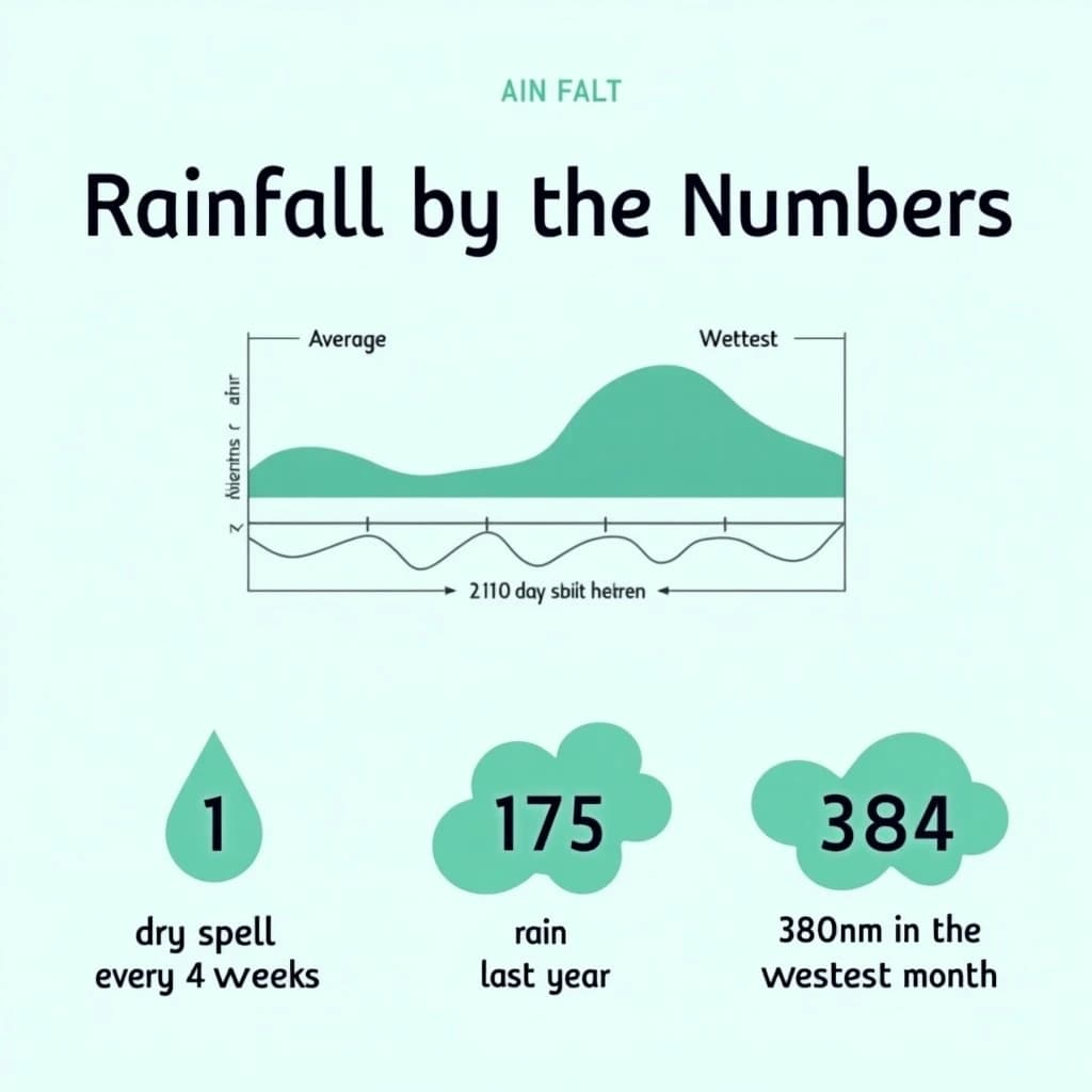 Flat infographic titled "Rainfall by the Numbers": at the center a twelve-month rainfall timeline, carrying two keyed regions, "Average" shaded pale green and "Wettest" shaded dark blue, beside a bottom row of three stat chips reading "1 dry spell every 4 weeks", "175 rain days last year" and "380mm in the wettest month".