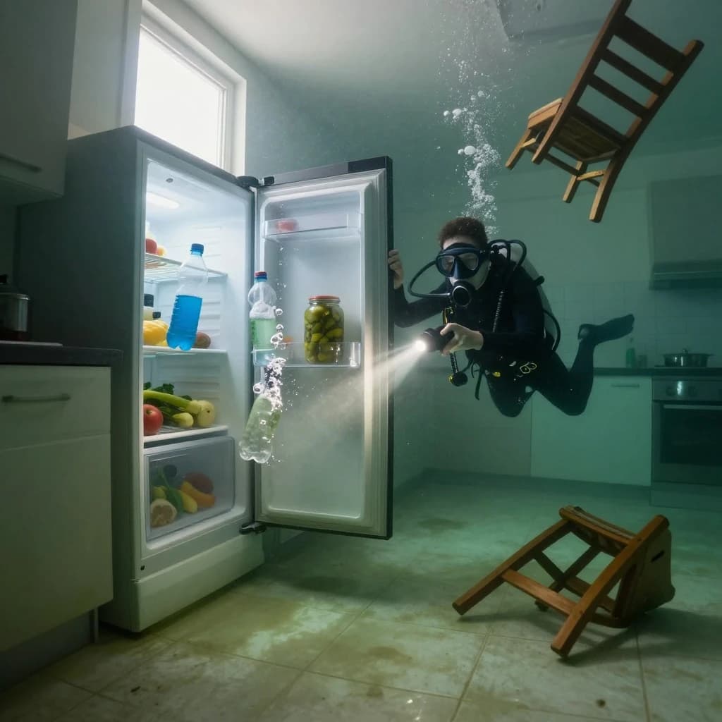 Underwater photograph inside a flooded apartment kitchen, silt green water, one window's worth of light from above. The refrigerator stands with its door swung open; three plastic bottles drift upward out of it, one still capped and two open and trailing bubbles, while a jar of pickles stays wedged on the middle shelf. A diver in a black wetsuit hovers to the right of the door, one hand on the top hinge, the other aiming a torch into the empty vegetable drawer. Two wooden chairs float against the ceiling above her, a third lies on its side on the tiles. Suspended particles, cold contrast, slow shutter softness.