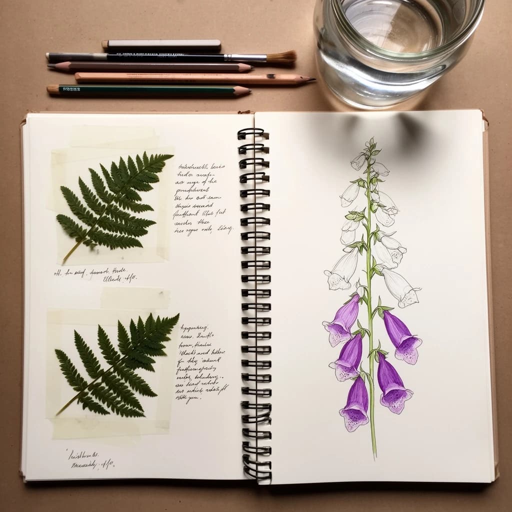 An open spiral notebook shot from directly above, its pages filled with careful botanical illustration in ink and watercolor. On the left page, three pressed fern fronds taped down with handwritten notes beside each one. On the right page, a half-finished study of a foxglove stalk carrying five bells, the bottom two painted purple and the top three still bare outlines. A brush, two pencils and a jar of water sit above the notebook, and the wire spiral throws a shadow into the gutter.
