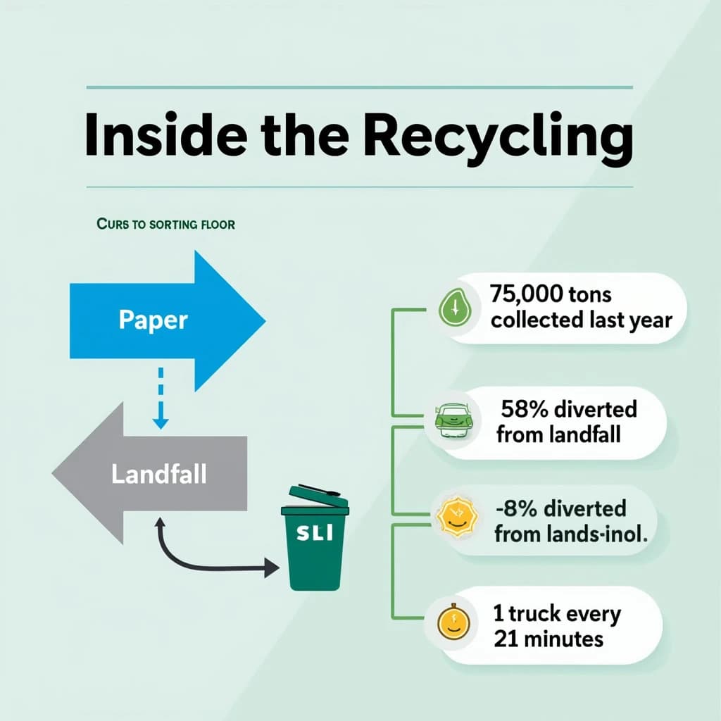 Flat infographic titled "Inside the Recycling": at the center a flow chart from curb to sorting floor, carrying two keyed regions, "Paper" shaded blue and "Landfill" shaded gray, beside a right column of three stat chips reading "7,000 tons collected last year", "58% diverted from landfill" and "1 truck every 21 minutes".