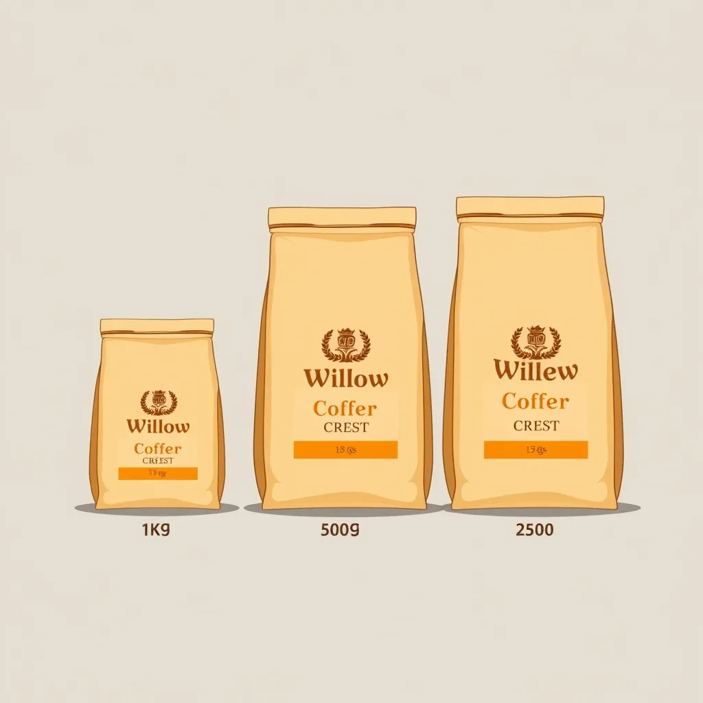 Flat vector illustration of the same coffee bag drawn in three sizes, captioned "1kg", "500g" and "250g", every size carrying the wordmark "The Willow Crest" in the same orange-and-brown coloring, only the bag size changing.