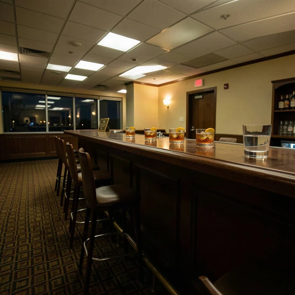 Liminal space photograph of a hotel bar at four in the morning, humming fluorescent ceiling panels, patterned carpet running off frame, nobody in sight. Eleven identical barstools stand in one unbroken row along the counter, only the fifth pulled out and turned. Three finished old fashioneds sit spaced along the bar, each down to melted ice and a single orange peel, and a fourth glass, freshly poured and still clear, waits at the far end beside a small brass sign reading "THE LATE ROOM".