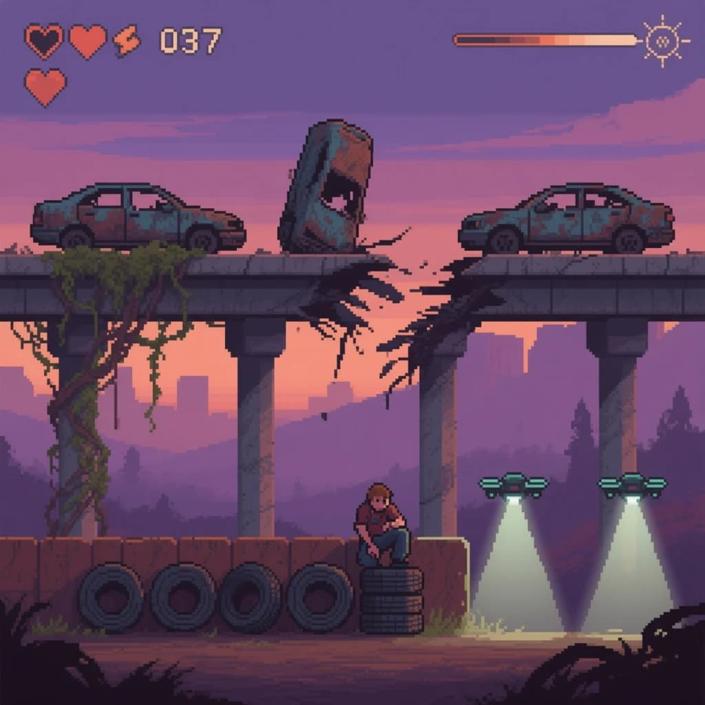 Side-scrolling pixel art screenshot from a post-apocalyptic survival platformer, dusk palette of rust and violet. A collapsed highway overpass cuts diagonally across the frame on four concrete support pillars, the second from the left snapped in half and wrapped in vines. On the deck above sit three burnt-out cars nose to tail, only the middle one still upright. Below, the player crouches behind a barricade of five stacked tires while two scavenger drones sweep flashlight cones in from the right. Top-left interface: three heart icons with the last half empty, a scrap counter reading "037", and a thin compass strip.