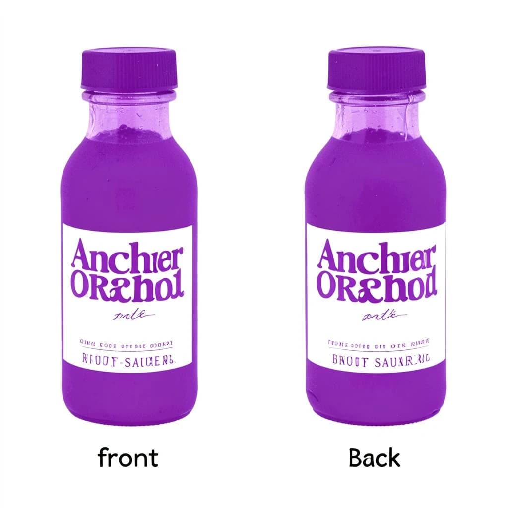 Printed poster: one hot-sauce bottle in two views. The views are captioned "front" and "back" in that order. The wordmark "Anchor Orchard" appears on every view. The purple-and-white coloring is the same across every view, and only the angle changes.