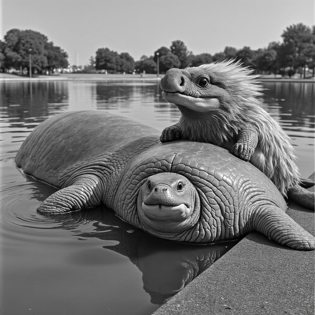 Manatee and Thunderbird in Washington, D.C., United States in the style of black and white