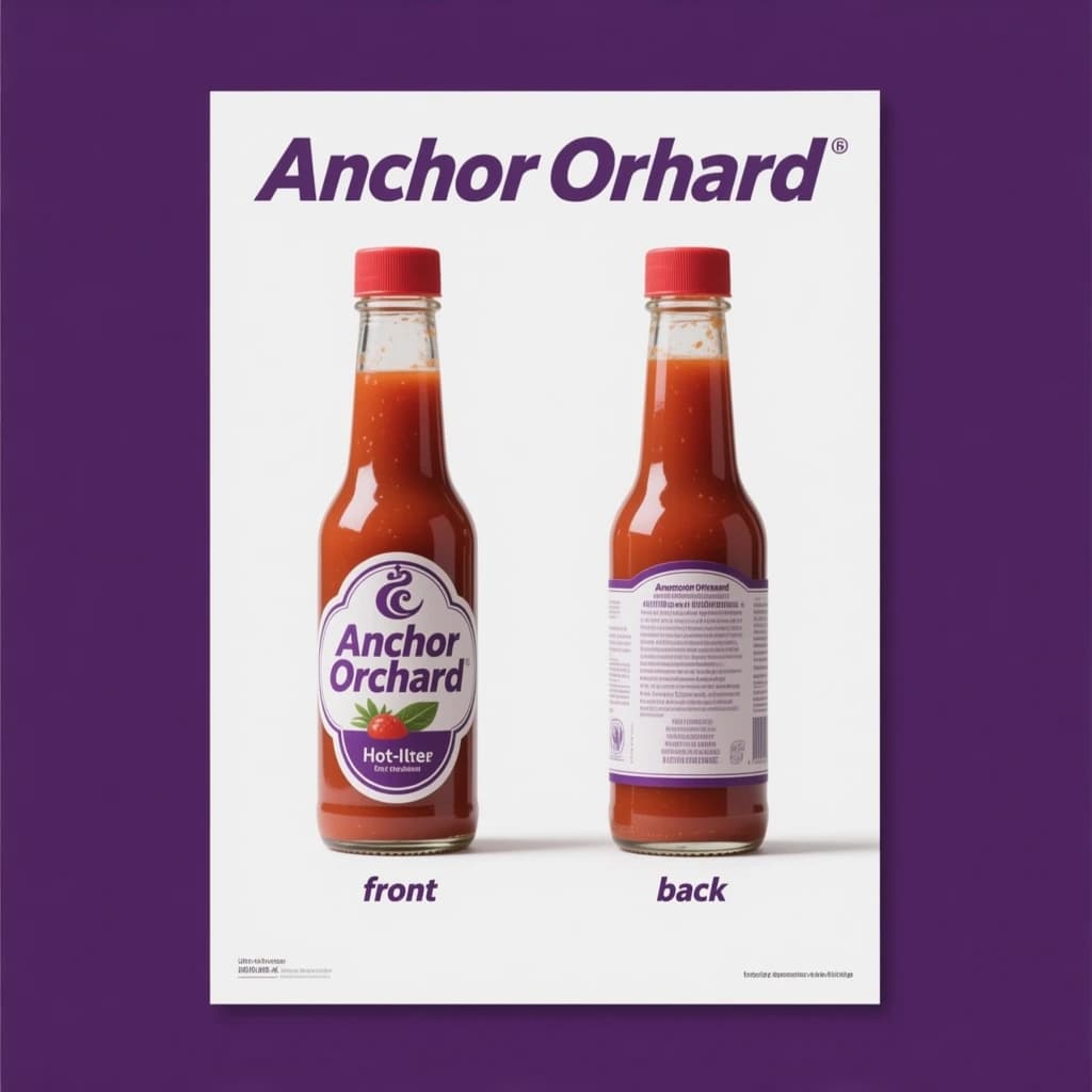 Printed poster: one hot-sauce bottle in two views. The views are captioned "front" and "back" in that order. The wordmark "Anchor Orchard" appears on every view. The purple-and-white coloring is the same across every view, and only the angle changes.