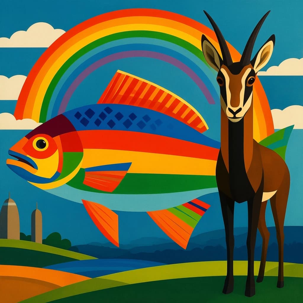 Rainbow Perch and Chamois in Bucharest, Romania in the style of modernist