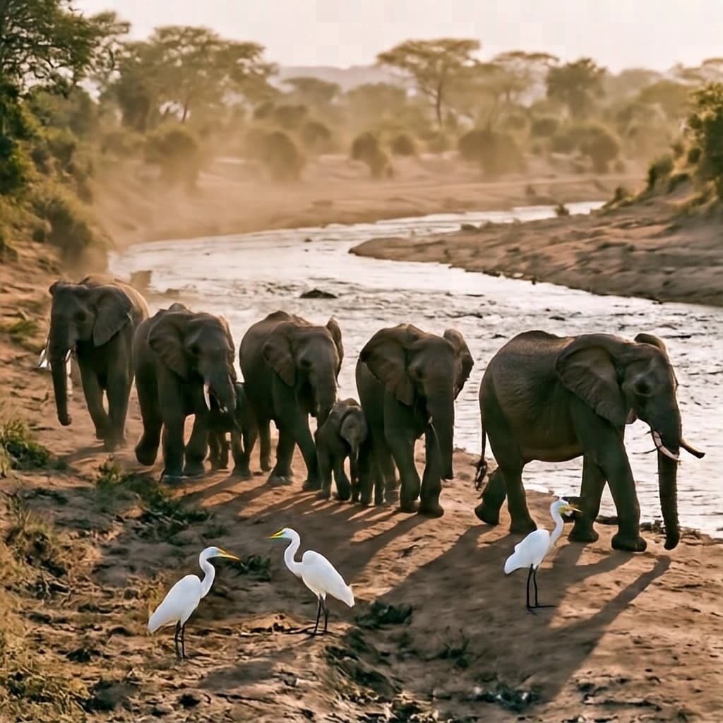 Wildlife photograph for a conservation campaign: a herd crossing a dusty riverbed in low sun. Seven elephants walking left to right, three adults flanking on the outside and two calves tucked between them, one adult trailing at the rear with a broken tusk, and the lead matriarch already up the far bank. Four egrets on the ground, only two of them near the calves. Long shadows, dust haze, nothing written in frame.