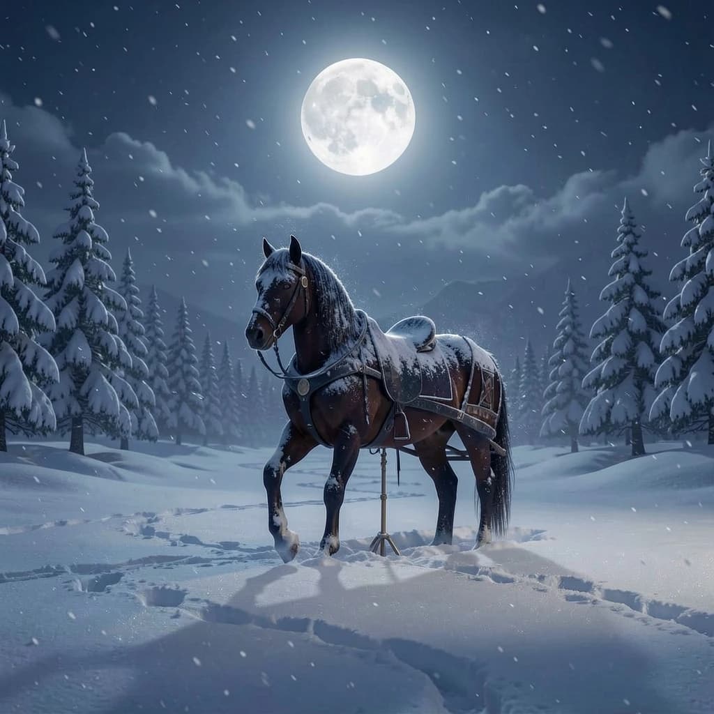 single carousel horse in deep snow, moonlight