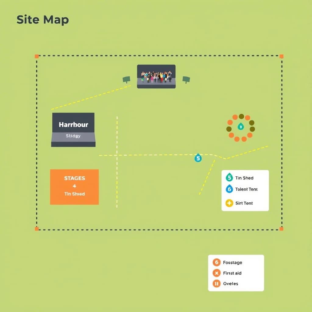 Festival site map in flat editorial infographic style, bird's eye, flat colour blocks on a sage green field inside a dotted perimeter fence.
Four stages: the main "Harbour Stage" along the north edge with a wide crowd shape in front of it, "Tin Shed" on the east, "The Orchard" on the west inside a cluster of round tree canopies, and a small circular "Silent Tent" at the south west corner with no crowd shape around it.
Two food streets run east to west between the stages, the northern one with nine numbered stalls and the southern one with six. Three water points marked by blue droplets sit one beside each of the first three stages. A single first aid cross sits where the two food streets meet the central path.
A gravel path loops the whole site as a dashed ochre line, with entrance gates on the south and east sides only.
A legend box in the lower right lists "Stages", "Food", "Water", "First aid" and "Gates", each with its own symbol. Title at the top left reads "Site Map, Saturday".