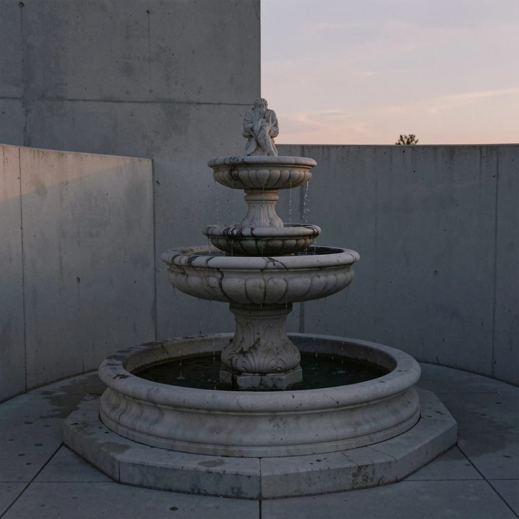 one marble fountain against plain concrete, dusk