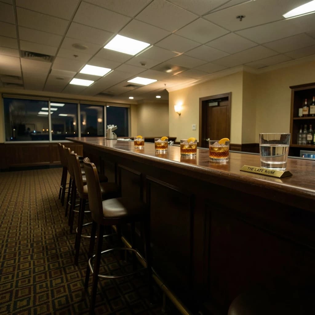Liminal space photograph of a hotel bar at four in the morning, humming fluorescent ceiling panels, patterned carpet running off frame, nobody in sight. Eleven identical barstools stand in one unbroken row along the counter, only the fifth pulled out and turned. Three finished old fashioneds sit spaced along the bar, each down to melted ice and a single orange peel, and a fourth glass, freshly poured and still clear, waits at the far end beside a small brass sign reading "THE LATE ROOM".