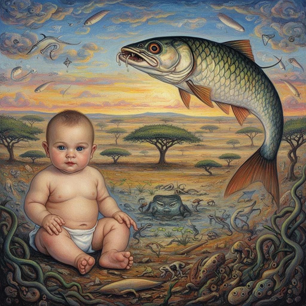 Baby and Garpike in Nairobi, Kenya in the style of surrealist