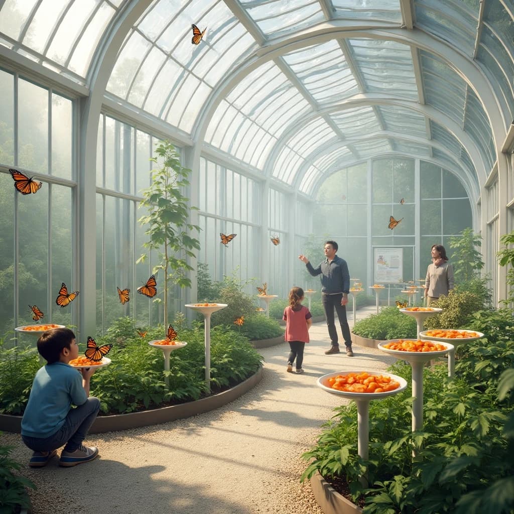 Interior render of a glasshouse butterfly conservatory, white cast iron arches and misted glass, humid morning light.
A raised planting bed spirals through the centre with a gravel path running around it. Five feeding stations on slim posts stand along the path, each holding a shallow dish of orange slices: monarch butterflies cluster on three of the dishes while two are untouched. Seven more monarchs rest on the milkweed in the bed and two are in flight above the path. Three visitors in the room, a child crouching at the nearest feeding station, an adult behind her pointing upward, and a guide standing at the far end beside an information board. Fine mist drifting near the roof vents. Physically based render.