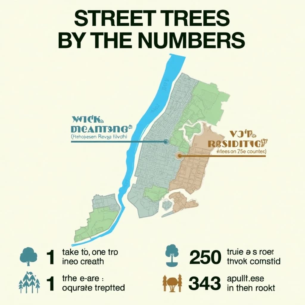 Printed poster titled "Street Trees by the Numbers": at the center a simplified street map with shaded districts, carrying two keyed regions, "New planting" shaded light blue and "Fewest trees" shaded tan, beside a bottom row of three stat chips reading "1 tree per 14 residents", "23,000 street trees counted" and "130 species in the register".