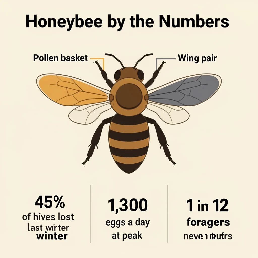 Flat vector illustration titled "Honeybee by the Numbers". A labeled bee diagram sits at the center, carrying two keyed regions, "Pollen basket" shaded amber and "Wing pair" shaded slate. Three stat chips run down a bottom row, reading "45% of hives lost last winter", "1,300 eggs a day at peak" and "1 in 12 foragers never returns". Each key color matches the shading of the region it names.