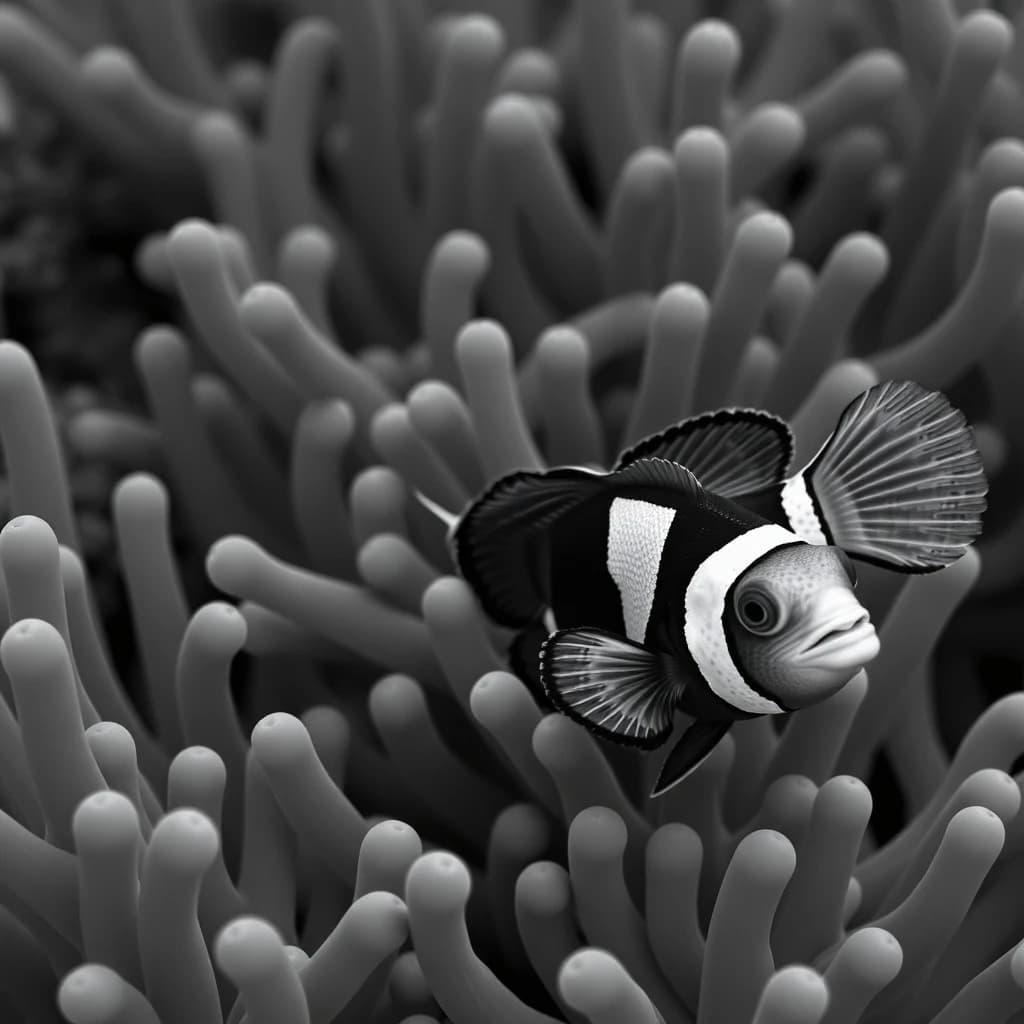Greenling and Clown Anemone Fish in Bucharest, Romania in the style of black and white
