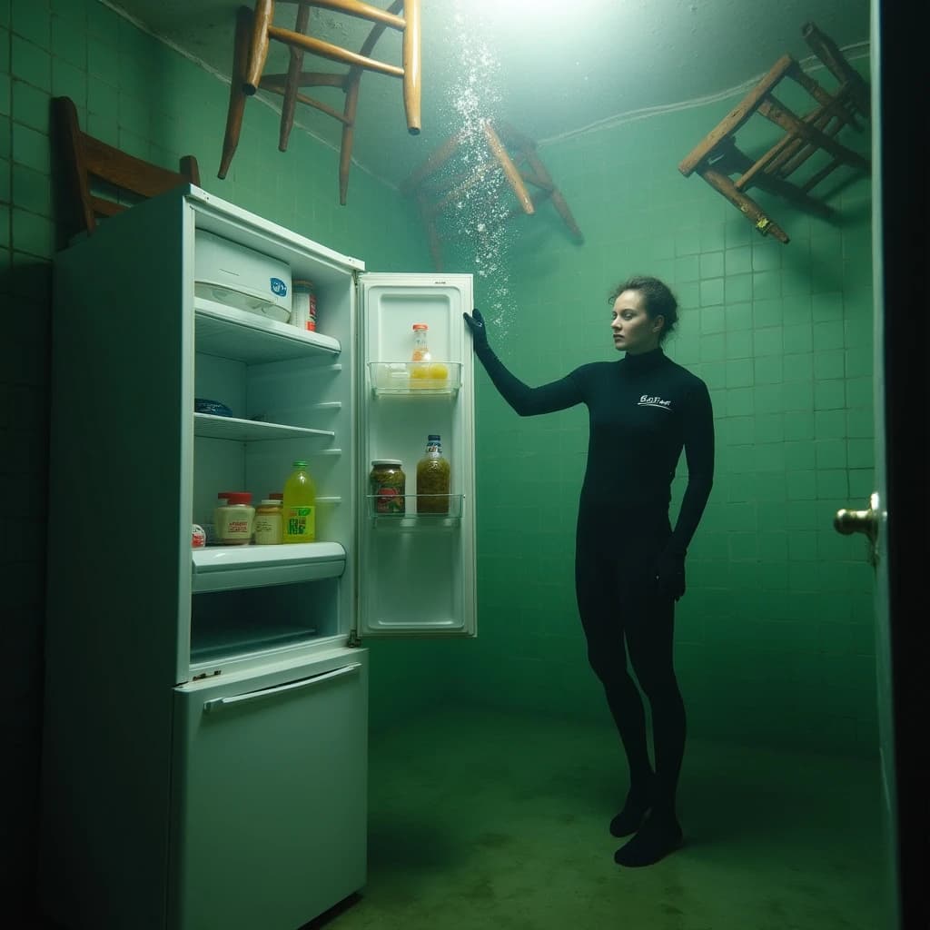 Underwater photograph inside a flooded apartment kitchen, silt green water, one window's worth of light from above. The refrigerator stands with its door swung open; three plastic bottles drift upward out of it, one still capped and two open and trailing bubbles, while a jar of pickles stays wedged on the middle shelf. A diver in a black wetsuit hovers to the right of the door, one hand on the top hinge, the other aiming a torch into the empty vegetable drawer. Two wooden chairs float against the ceiling above her, a third lies on its side on the tiles. Suspended particles, cold contrast, slow shutter softness.