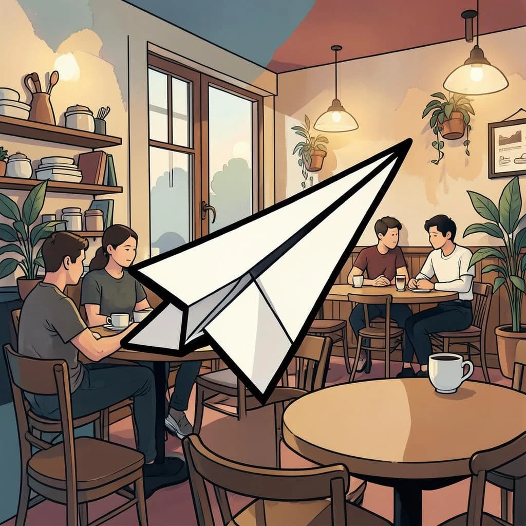 Silkscreen print of a paper airplane inside a cozy cafe, layered wash, smooth vector finish, split-complementary palette.