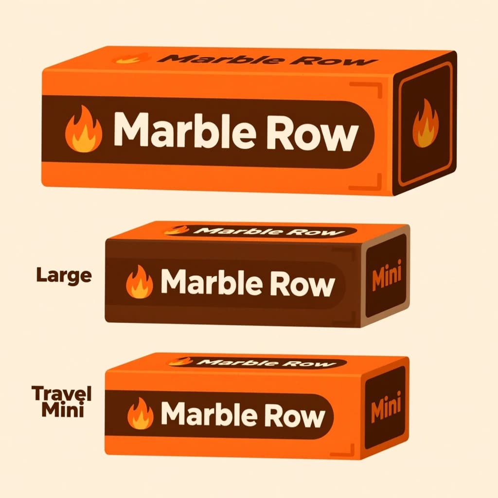 Flat vector illustration: one board-game box in three editions. The editions are captioned "Large", "Travel" and "Mini" in that order. The wordmark "Marble Row" appears on every edition with a small flame icon beside it. The orange-and-brown coloring is the same across every edition, and only the box size changes.